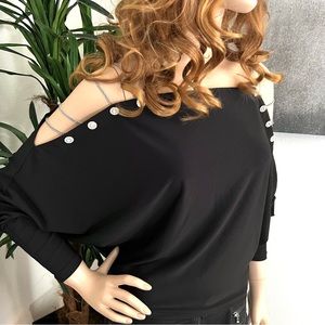 Marciano Black Long Sleeve Dolman Party Top with Chain & Rhinestone Detail